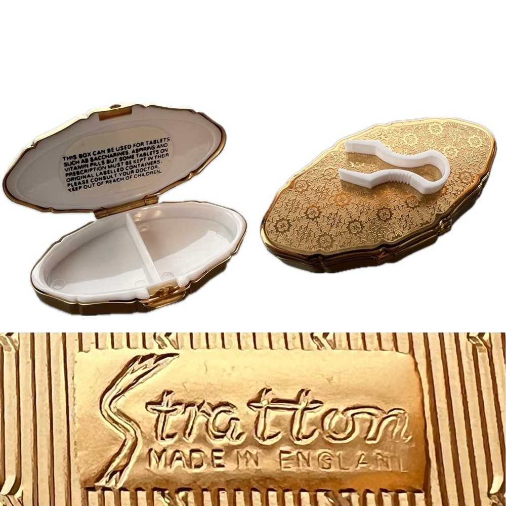 💊Vintage Stratton England Gold Tone Shell Pill Box + Tweezers Hollywood Regency